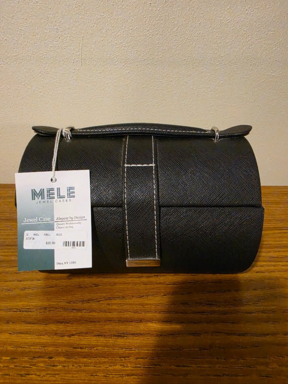 NWT Mele Jewel Cases Black Saffiano Vegan Leather Travel Barrel Box Organizer